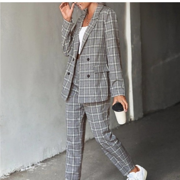 Womens Plaid Double Breasted Blazer And Pants Set - Picture 2 of 3